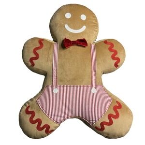 Gingerbread Man Throw Pillow 18x14 Plush Christmas Decor Red Striped Overalls